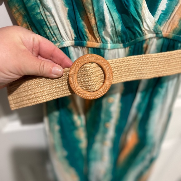 Chic Teal, gold/orange, & cream Striped belted Midi Dress NWOT - Picture 4 of 5